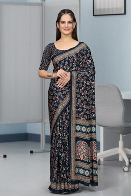 SAADHYA CREATION Embroidered, Solid/Plain Bollywood Crepe Saree(Dark Blue)