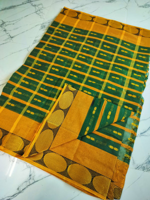 J KunduHouse Self Design Tant Pure Cotton Saree(Dark Green)
