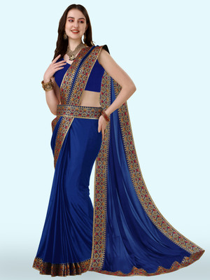Anugrah Textile Solid/Plain Banarasi Lycra Blend, Chiffon Saree(Blue)