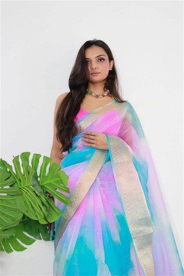 KOTHARI KS Solid/Plain Bandhani Organza Saree(Light Blue)