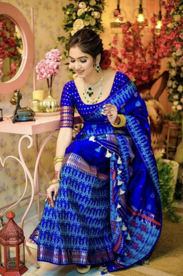 Pridivu Striped Mekhela Chador Silk Blend Saree(Blue)