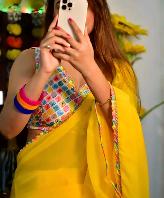 Arpita Fashion Solid/Plain, Self Design Bollywood Georgette Saree(Yellow)