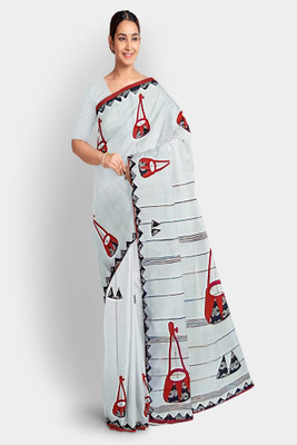 PRIDE SALES Hand Painted Handloom Cotton Blend Saree(Grey)