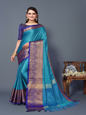 Julee Printed Banarasi Cotton Silk Saree(Light Blue)