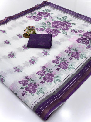 SDGRATITUDE Floral Print, Printed, Digital Print Daily Wear Cotton Linen, Linen Saree(White, Purple)