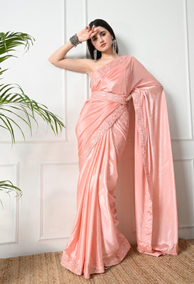 Pionex Solid/Plain Bollywood Chiffon, Silk Blend Saree(Orange)