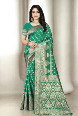Pikham Self Design Banarasi Art Silk Saree(Green)