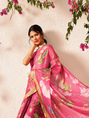 SILK ZONE Printed Bollywood Cotton Silk Saree(Pink)