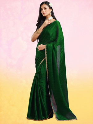 Croza Solid/Plain Bollywood Organza, Pure Silk Saree(Dark Green)