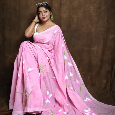 Aquiliq Floral Print Handloom Pure Cotton Saree(Pink)