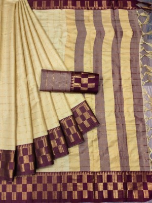 Bombey Velvat Fab Checkered Paithani Chiffon, Cotton Silk Saree(Beige)