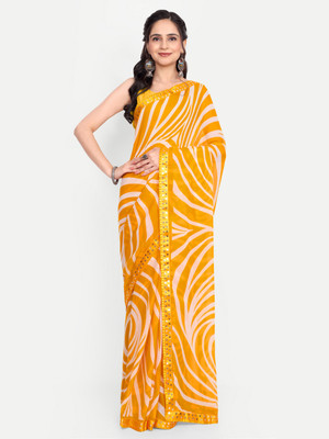 AMBUJAINTERNATIONAL Printed Bollywood Georgette Saree(Yellow, White)