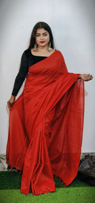 SLAGHA Solid/Plain Handloom Handloom Cotton Blend Saree(Red)