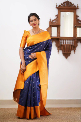 NIRLABH Striped Banarasi Pure Silk Saree(Dark Blue)
