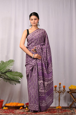 Taavi Blocked Printed Kota Doria Cotton Blend Saree(Purple)