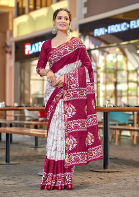 Divastri Printed Chanderi Cotton Blend Saree(White, Maroon)