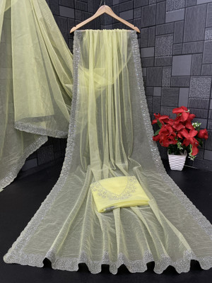 VarniRaaj Fashion Embellished Bollywood Supernet Saree(Cream)