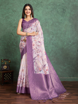 RekhaManiyar Woven Saree with Attached Blouse Linen Saree(Purple)