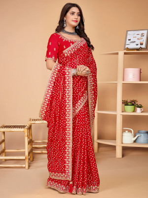 Sareemall Embellished Bandhani Silk Blend Saree(Red)