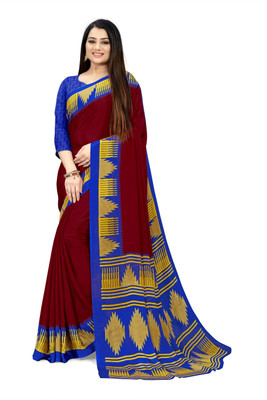 Bansi Ecom Printed, Temple Border Daily Wear Crepe, Silk Blend Saree(Maroon)