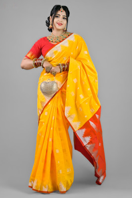 Sijlin Temple Border Sambalpuri Cotton Blend Saree(Yellow)