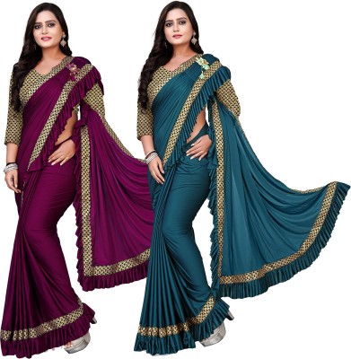 DECOFIN Woven, Solid/Plain Bollywood Lycra Blend Saree(Pack of 2, Purple, Light Blue)