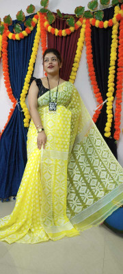 Abharani Saree Kuthir Woven Jamdani Cotton Blend Saree(Yellow)