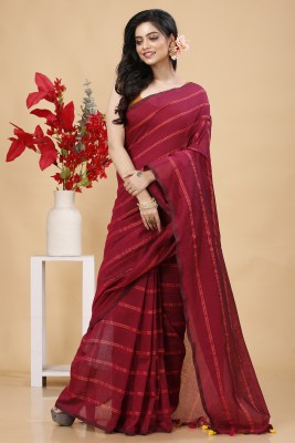 Bong ButiQ Striped Handloom Pure Cotton Saree(Red)