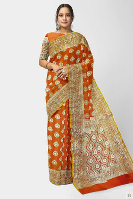 HouseOfCommon Woven Banarasi Jacquard Saree(Gold, Orange)