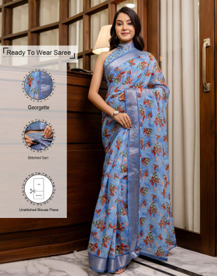 Samah Floral Print, Woven, Embellished Bollywood Linen Saree(Blue)