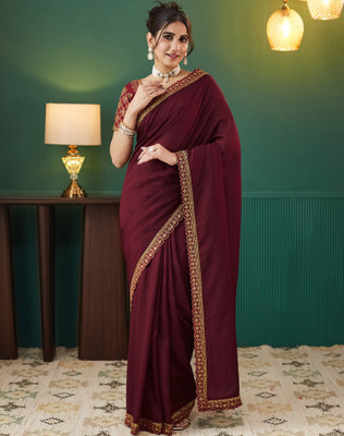 SIRIL Embroidered, Embellished Bollywood Silk Blend, Cotton Silk Saree(Maroon)