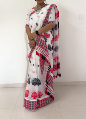 NijEnterprise Woven Mekhela Chador Cotton Blend Saree(Black, Red)