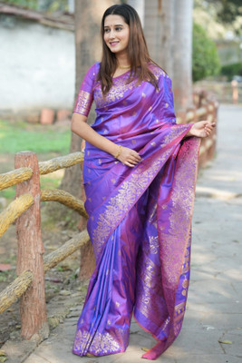 ROOP LAVANYA Woven Kanjivaram Cotton Linen, Jacquard Saree(Purple)