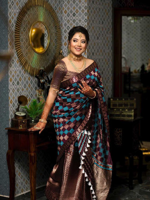 S P CREATION Woven Mekhela Chador Silk Blend Saree(Brown)