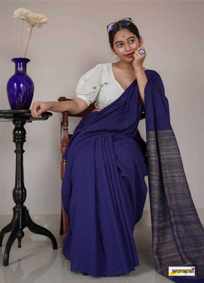 Tantikatha Solid/Plain Handloom Pure Cotton Saree(Blue)