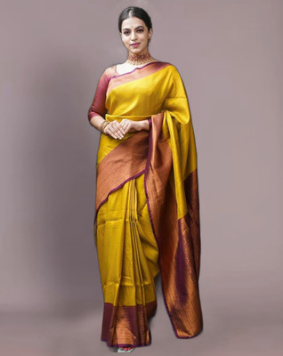 Aldwych Self Design Banarasi Silk Blend Saree(Yellow)