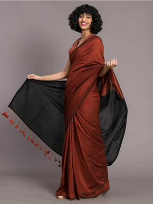 DipDiya Color Block Handloom Cotton Blend Saree(Brown)