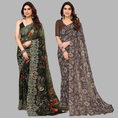 Anand Sarees Printed Daily Wear Georgette Saree(Pack of 2, Green, Brown)