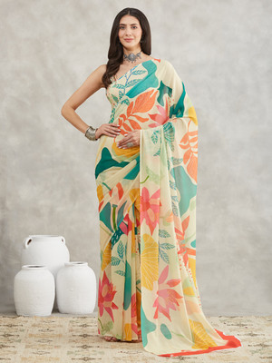 Janasya Floral Print Bollywood Georgette Saree(Multicolor)