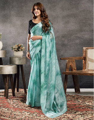 Satrani Printed, Embellished Bollywood Chiffon Saree(Blue, Light Blue)