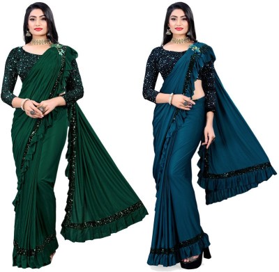MIJAASHREE Embellished Bollywood Lycra Blend Saree(Pack of 2, Dark Blue, Dark Green)