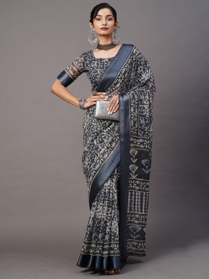Ratnavati Printed Ikkat Cotton Blend Saree(Grey)