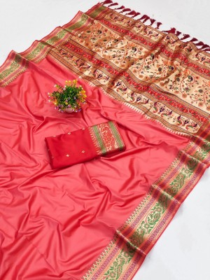 ZILVIRA Woven, Printed, Embellished, Applique, Self Design, Dyed Paithani Jacquard, Art Silk Saree(Pink)