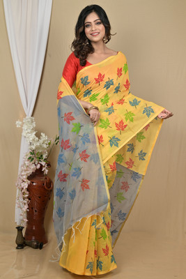 PuJoy Printed Handloom Cotton Blend Saree(Yellow, Grey)