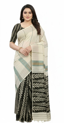 ShivMaya Printed, Self Design Handloom Pure Cotton Saree(Black, Beige)