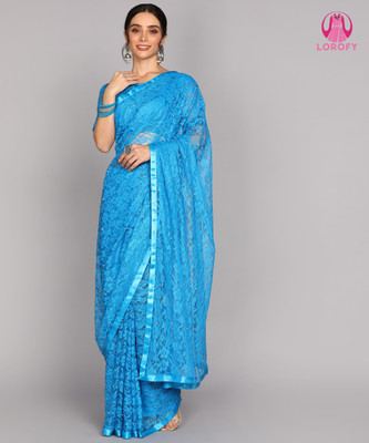 LOROFY Embellished Bollywood Net Saree(Light Blue)