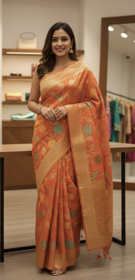 SABI SAREE Floral Print, Woven Banarasi Pure Silk Saree(Blue)