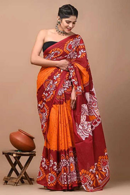 Tanishka Handicrafts Printed Daily Wear Cotton Blend Saree(Orange)