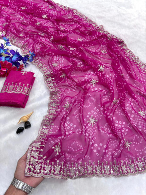 Kstabhanjan Embellished, Embroidered, Self Design Bandhani Georgette Saree(Pink)