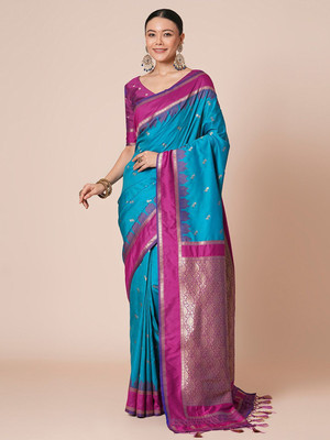 House of Pataudi Woven Banarasi Silk Blend Saree(Blue)